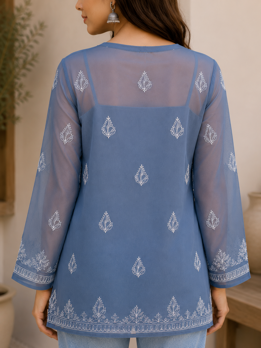 Georgette Chikankari Kurti – Cyan