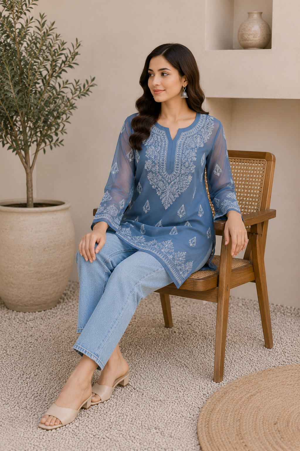 Georgette Chikankari Kurti – Cyan