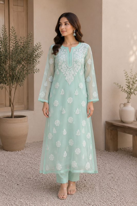 Georgette Chikankari Kurti – Light Green