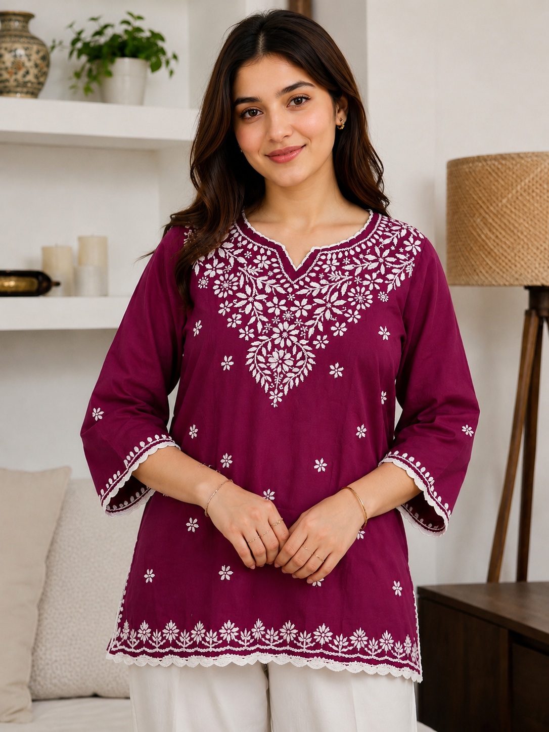 Cotton Chikankari Short Kurti – Magenta