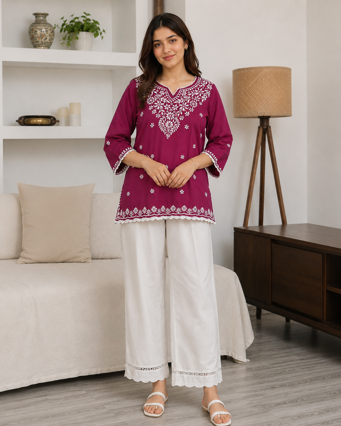 Cotton Chikankari Short Kurti – Magenta