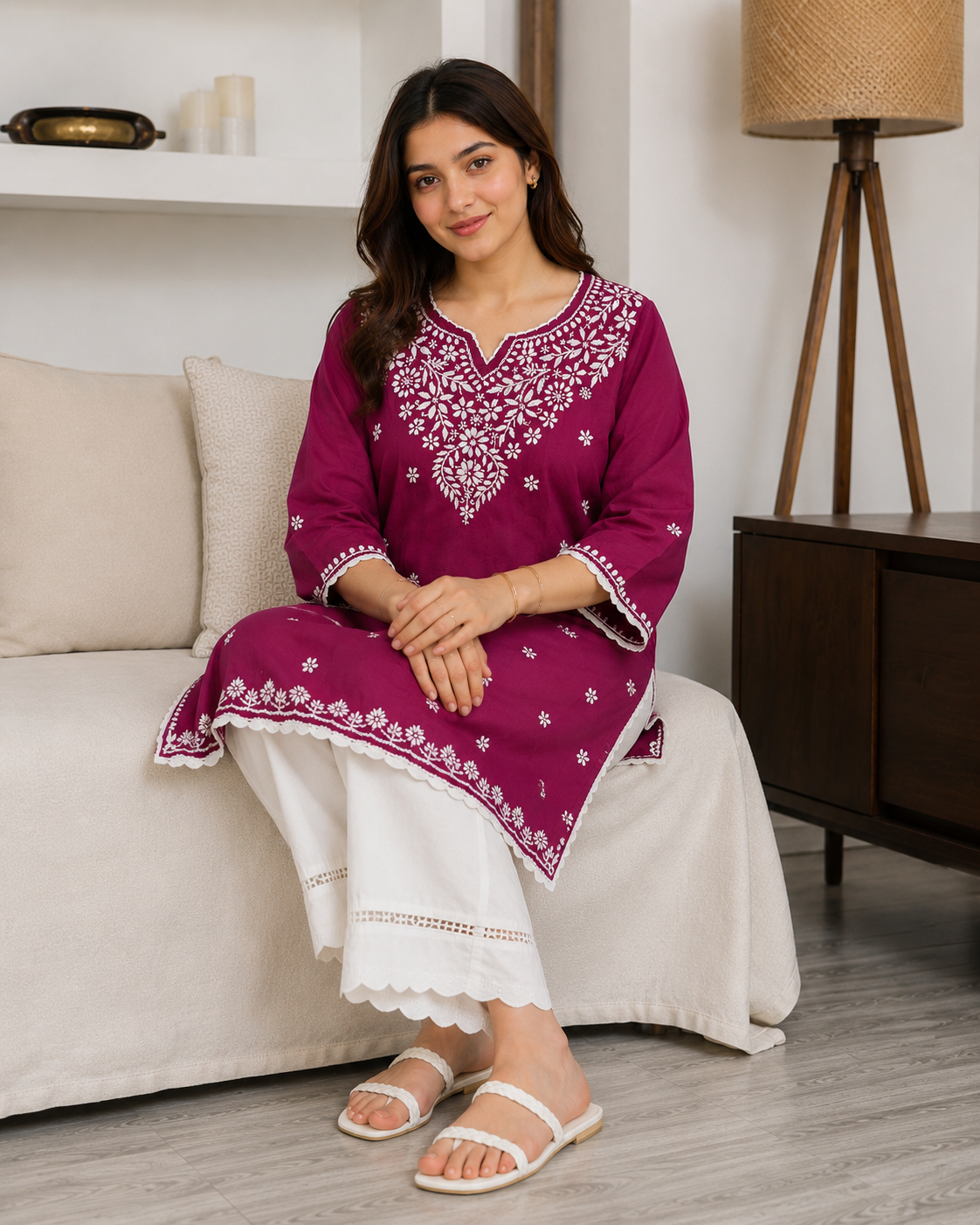 Cotton Chikankari Short Kurti – Magenta