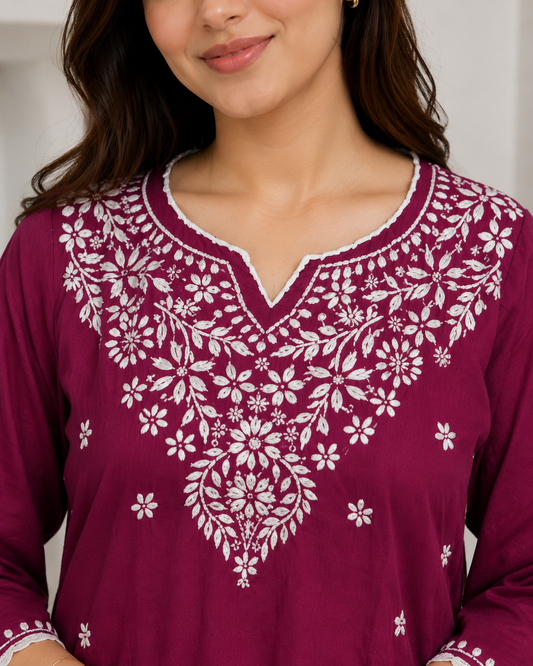 Cotton Chikankari Short Kurti – Magenta