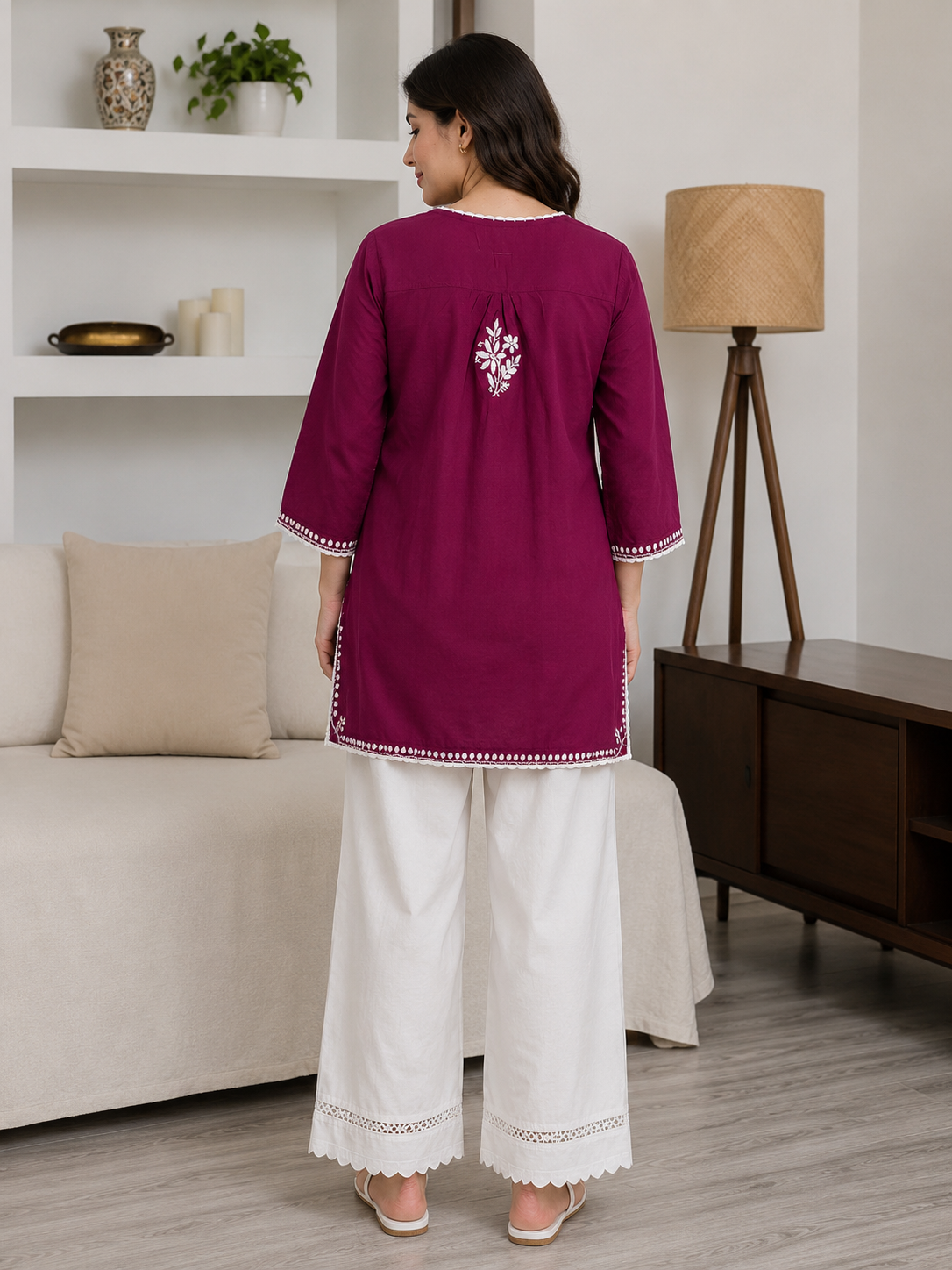 Cotton Chikankari Short Kurti – Magenta