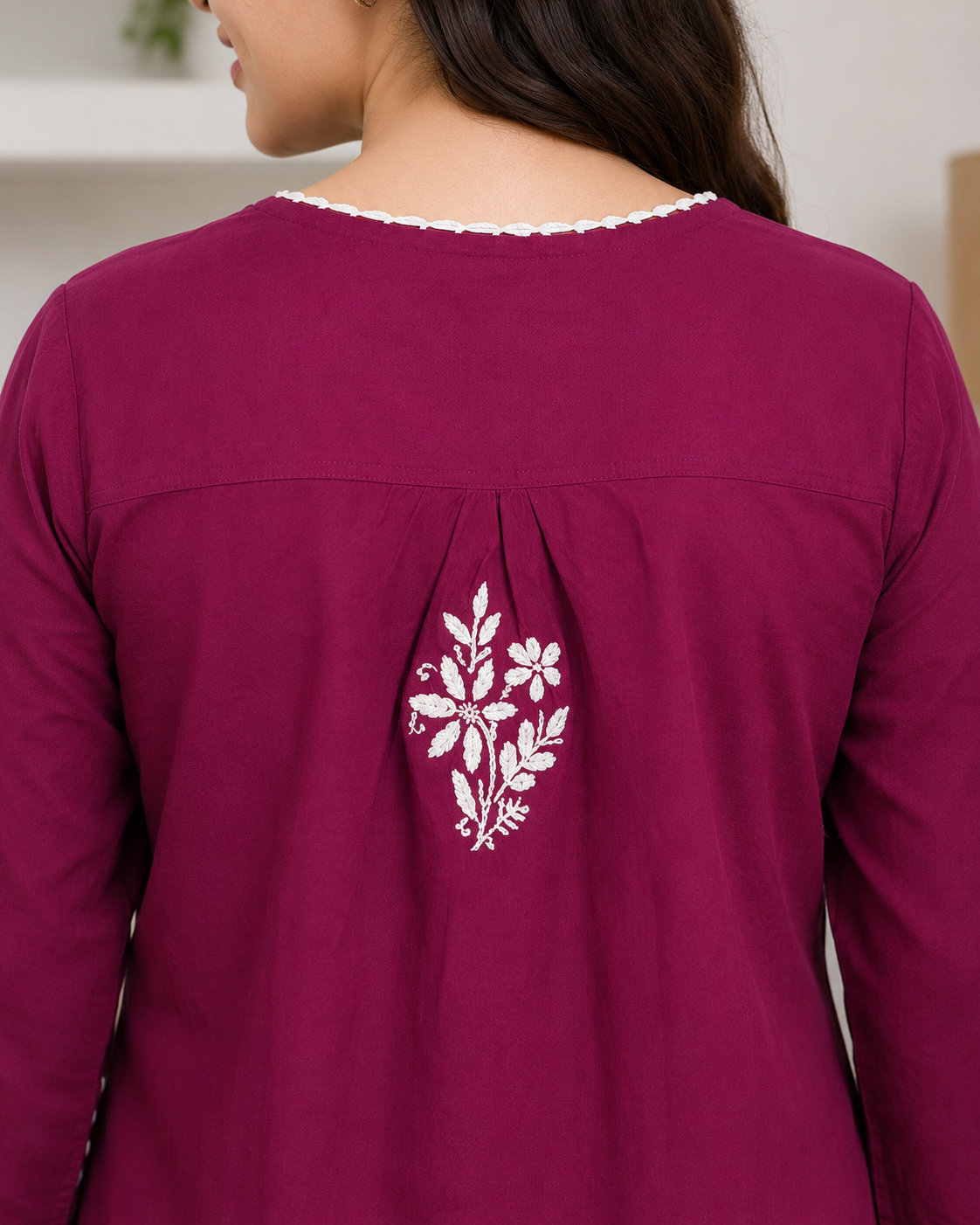 Cotton Chikankari Short Kurti – Magenta