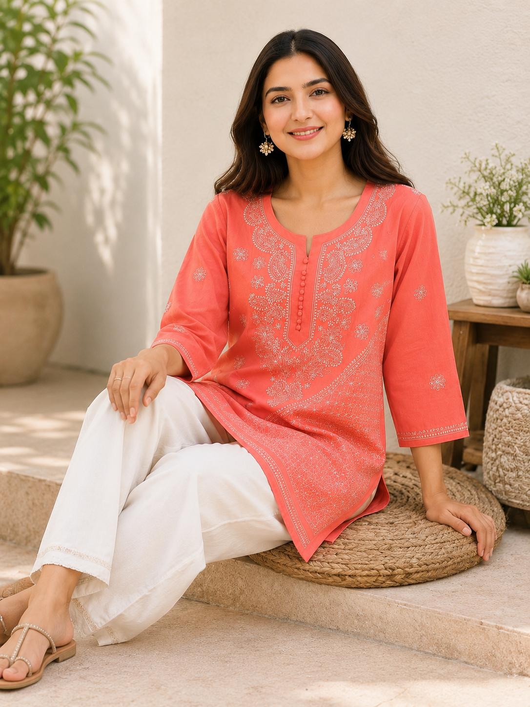 Cotton Chikankari Short Kurti – Orange