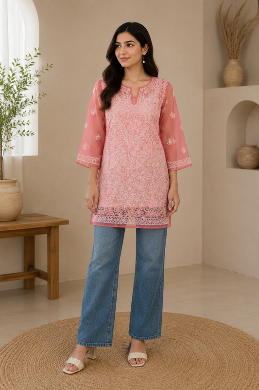 Georgette Chikankari Kurti – Pink