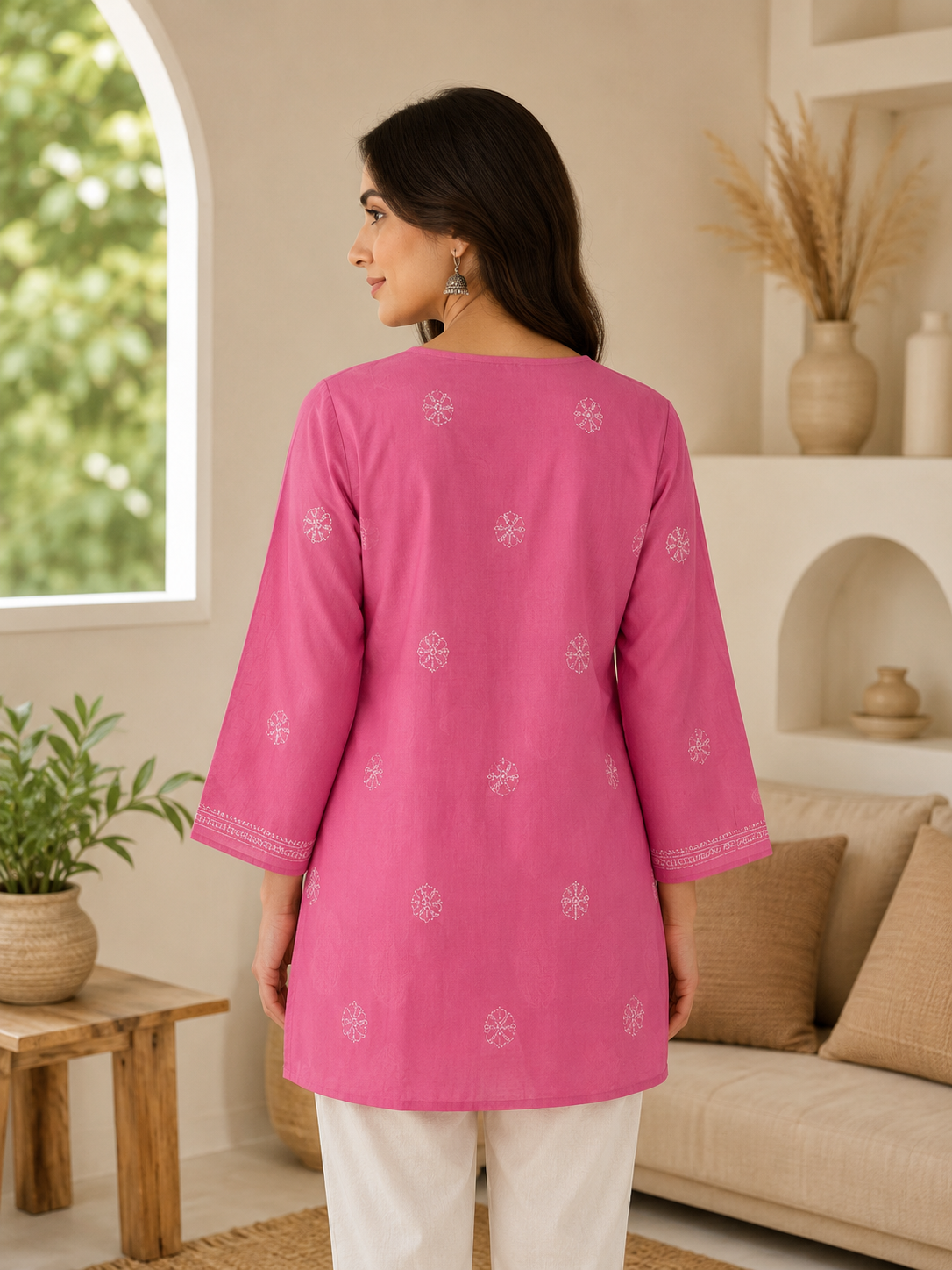 Cotton Chikankari Short Kurti – Pink