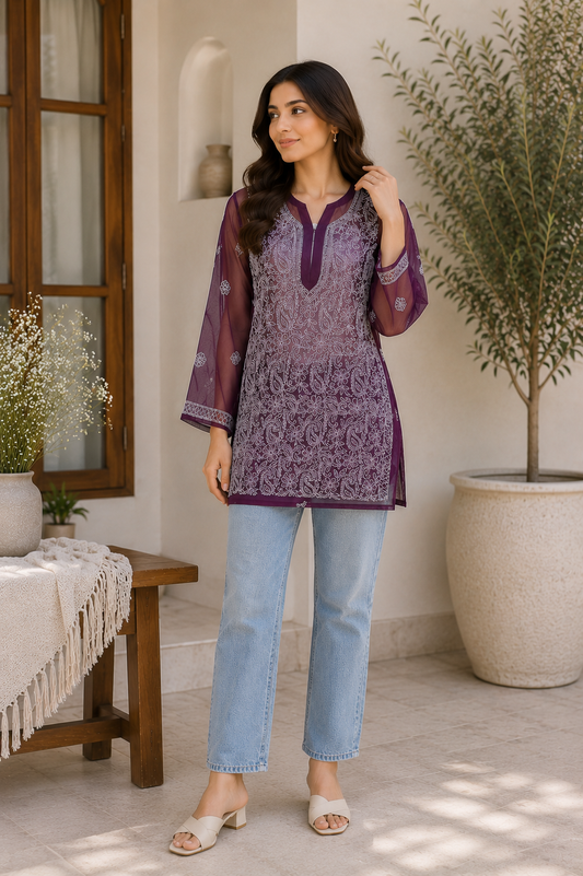 Georgette Chikankari Kurti – Purple