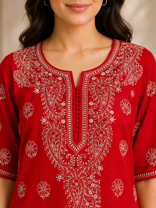 Cotton Chikankari Long Kurti – Red