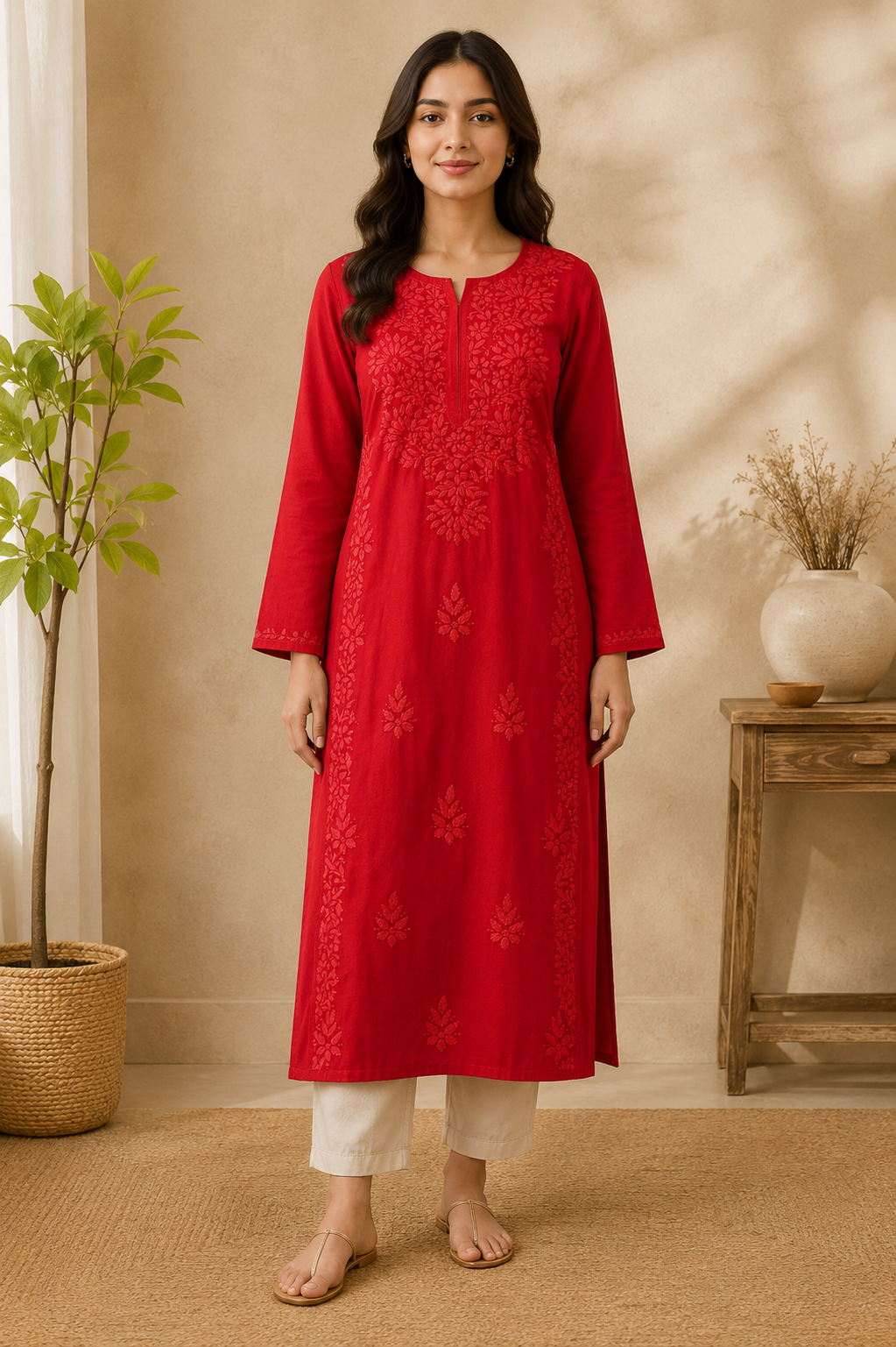 Rayon Chikankari Kurti – Red