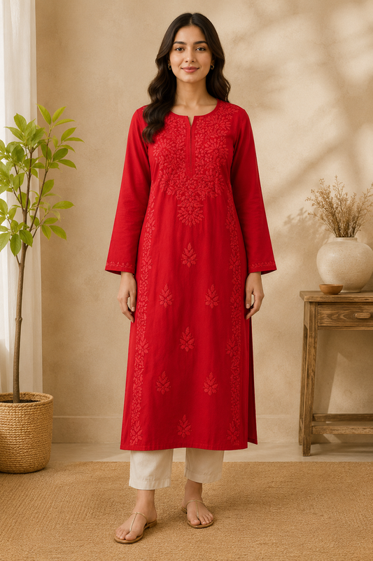 Rayon Chikankari Kurti – Red