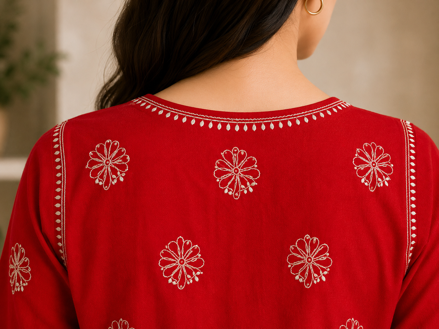 Cotton Chikankari Long Kurti – Red