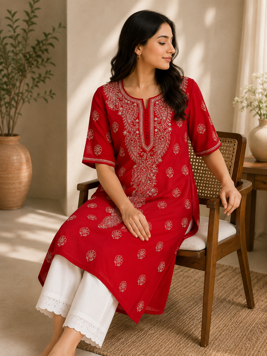 Cotton Chikankari Long Kurti – Red