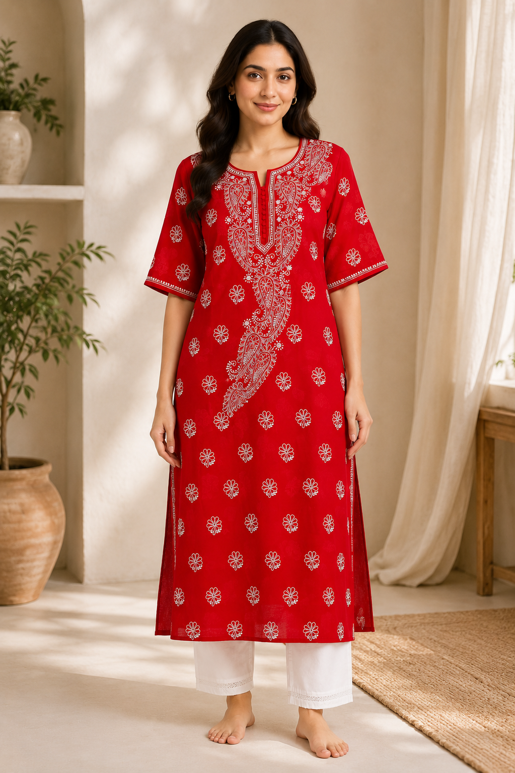 Cotton Chikankari Long Kurti – Red
