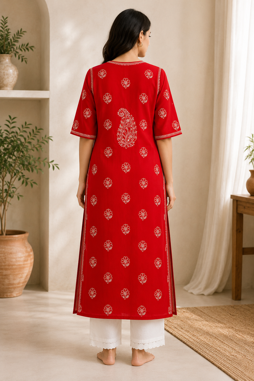 Cotton Chikankari Long Kurti – Red