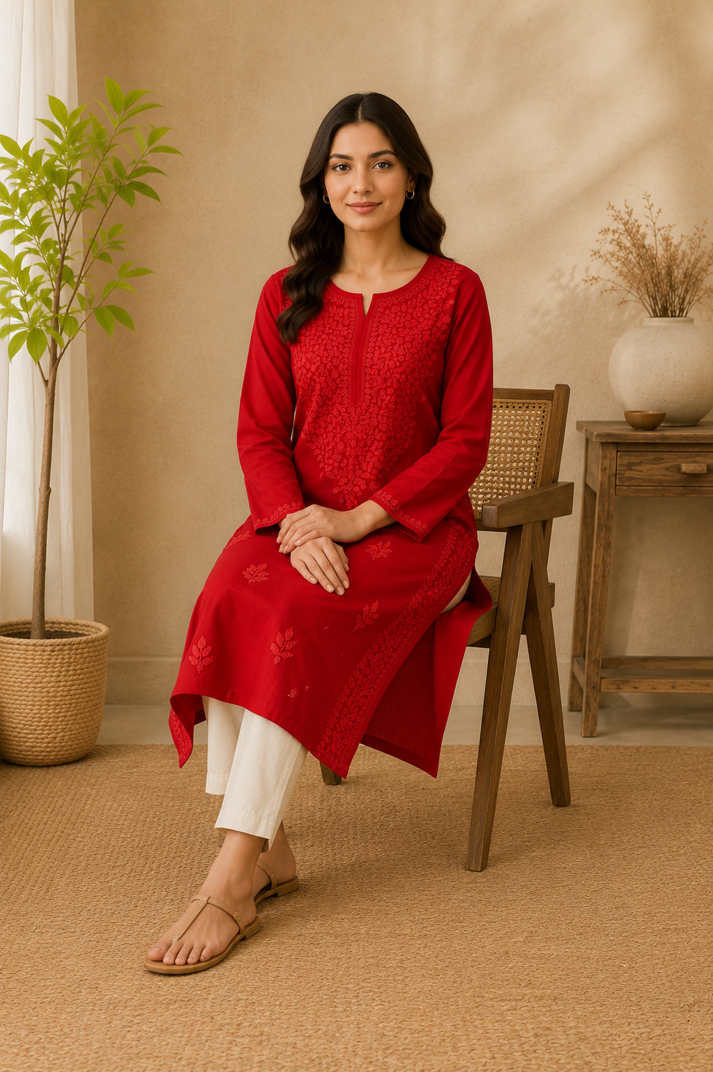 Rayon Chikankari Kurti – Red