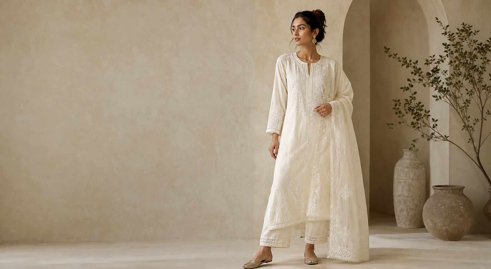 Sample editorial image of an ivory embroidered kurta